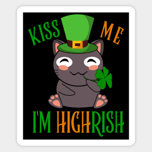 Kiss Me I'm Highrish Cat St Patricks Day I'm Irish Shamrock Leprechaun Gift Magnet